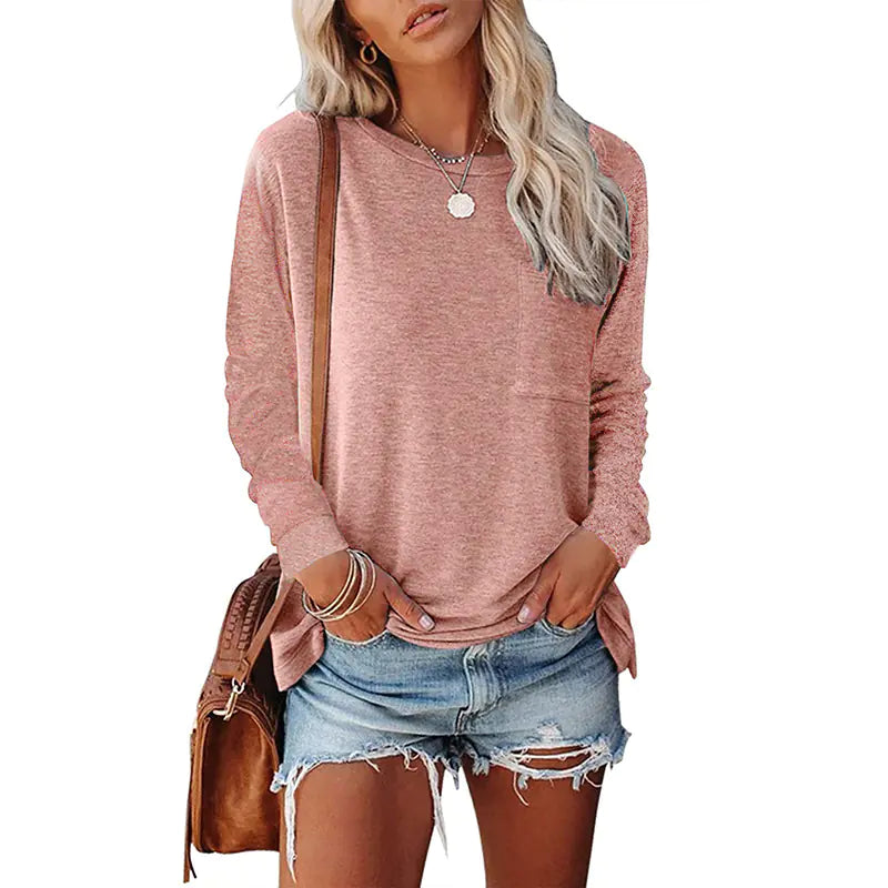 Pocket Split Long-sleeved Casual T-shirt