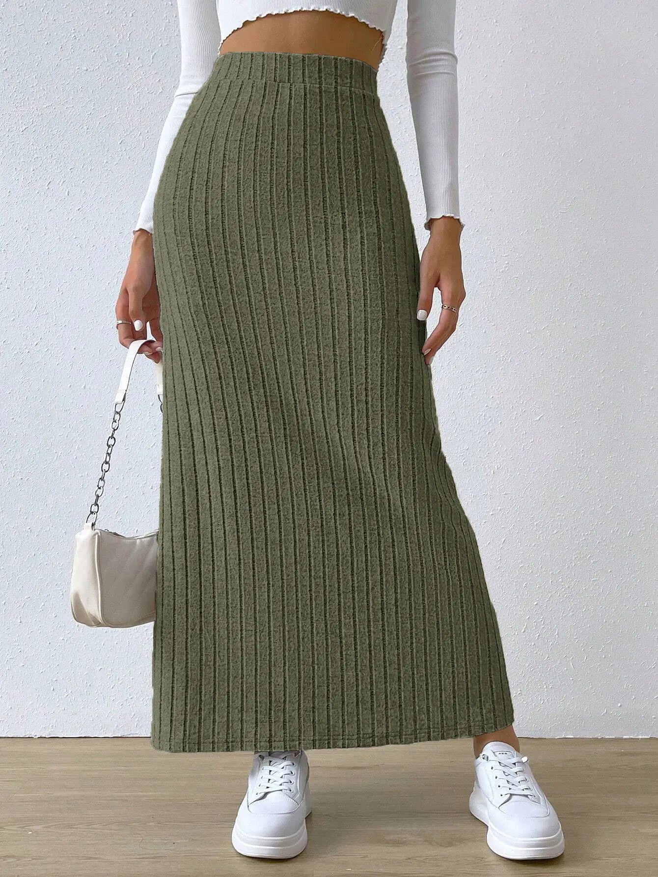 High Waist Knitted Long Skirt with Side Slit for Women
