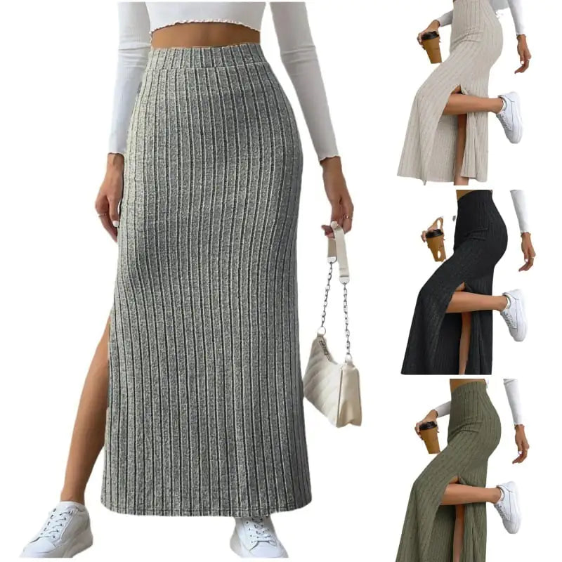 High Waist Knitted Long Skirt with Side Slit for Women