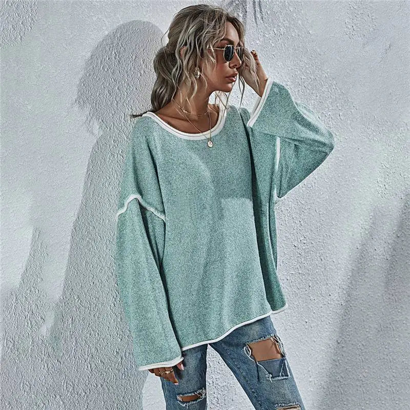 Casual Round Neck Long-sleeved Sweater Top in Solid Colors