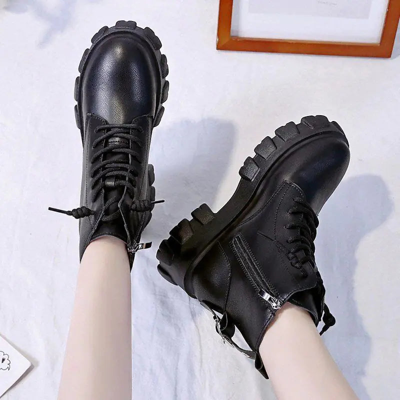 British Style Patent Leather Lace-up Motorcycle Boots