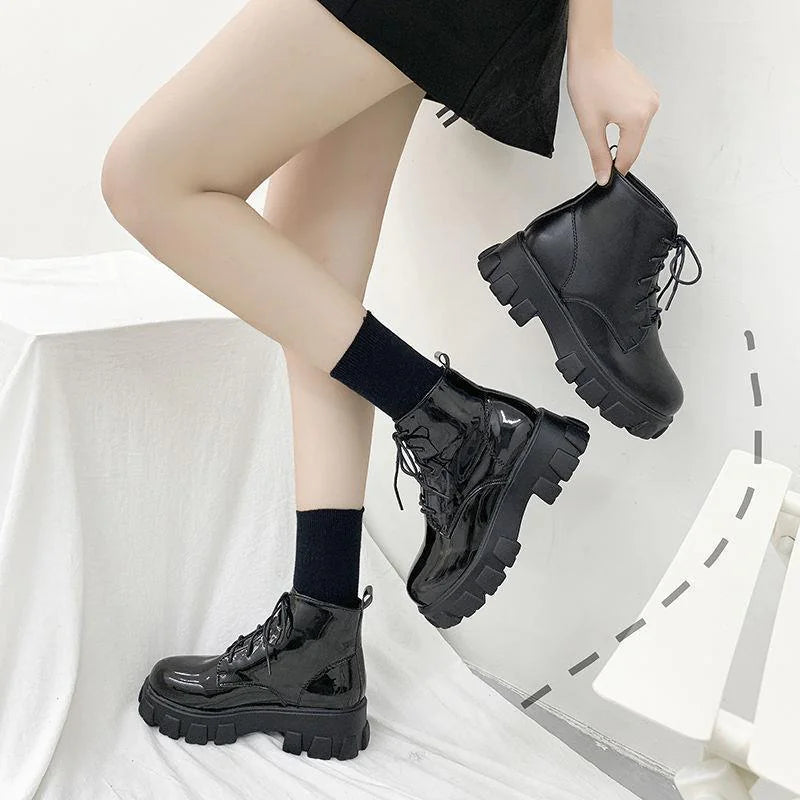 British Style Patent Leather Lace-up Motorcycle Boots