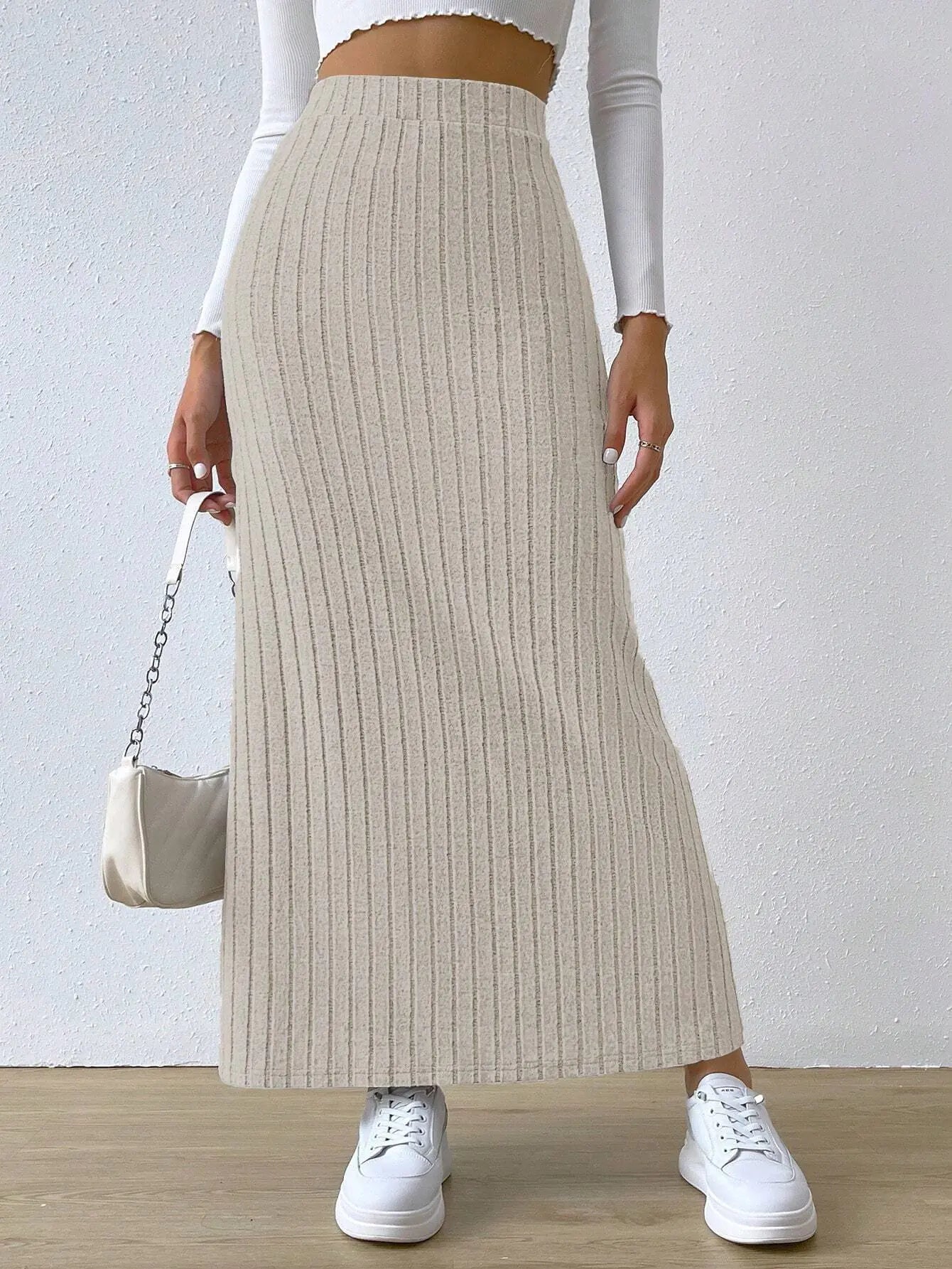 High Waist Knitted Long Skirt with Side Slit for Women
